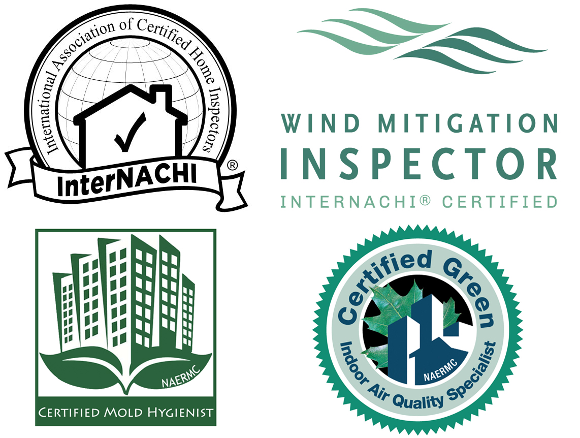 Certification Logos: International Association of Certified Home Inspectors (InterNACHI), InterNACHI Certified Wind Mitigation Inspector, NAERMC Certified Mold Hygienist, NAERMC Certified Green Indoor Air Quality Specialist.